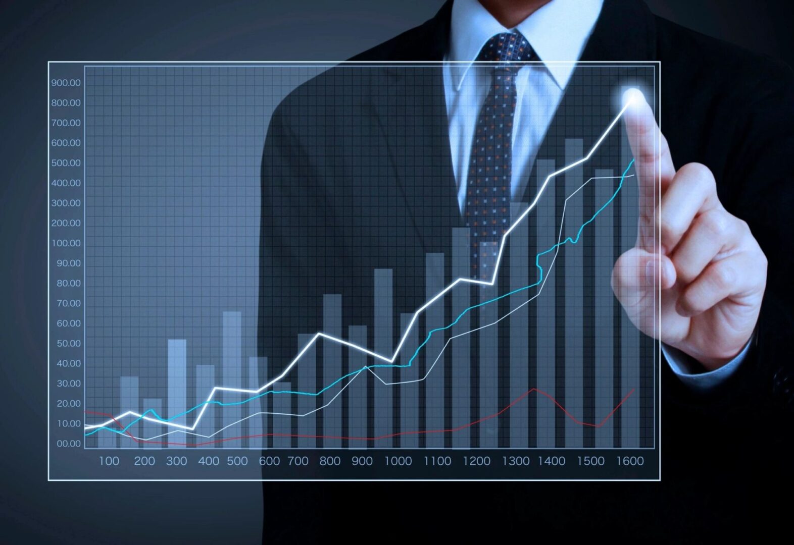A man in a suit and tie points to an image of a bar graph.