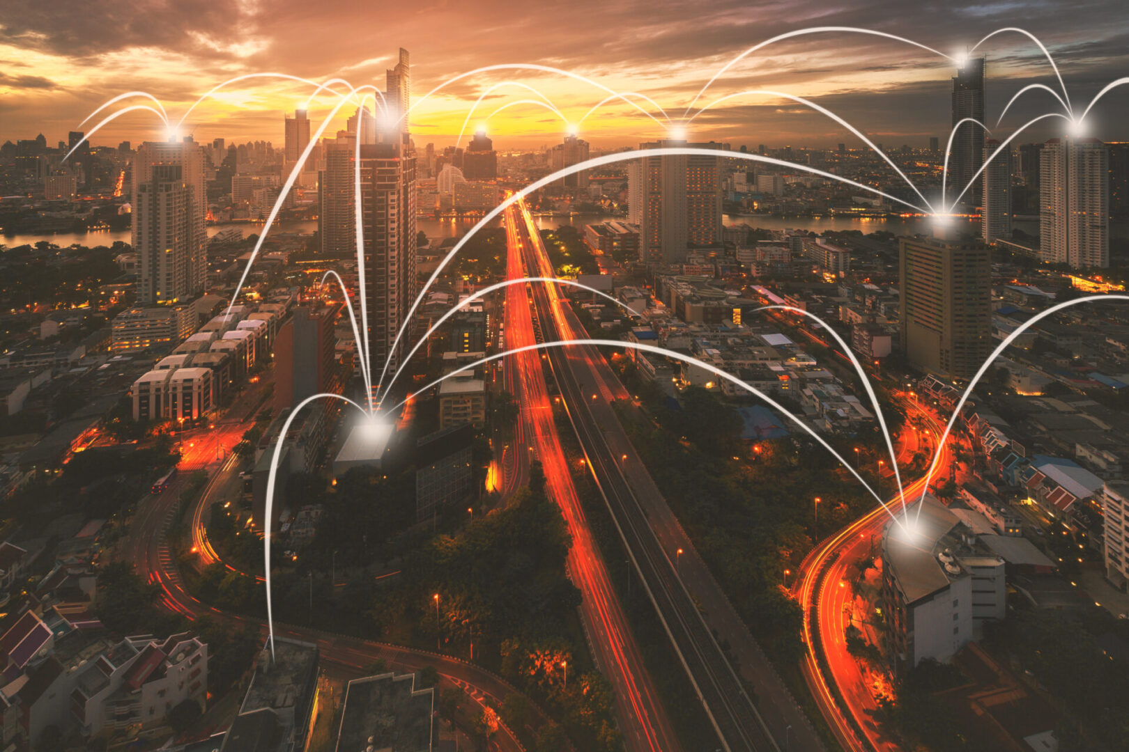 Network,And,Connection,Technology,Concept,With,City,Background,In,Sunrise